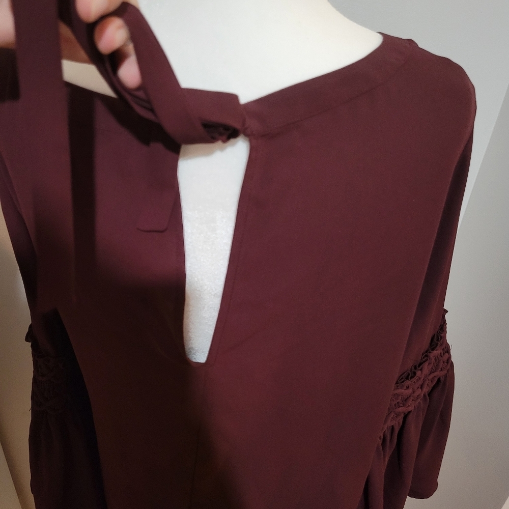 Loft Outlet Bell Sleeve Solid Red Keyhole Tie Back Fairy Blouse | Small - Picture 6 of 8